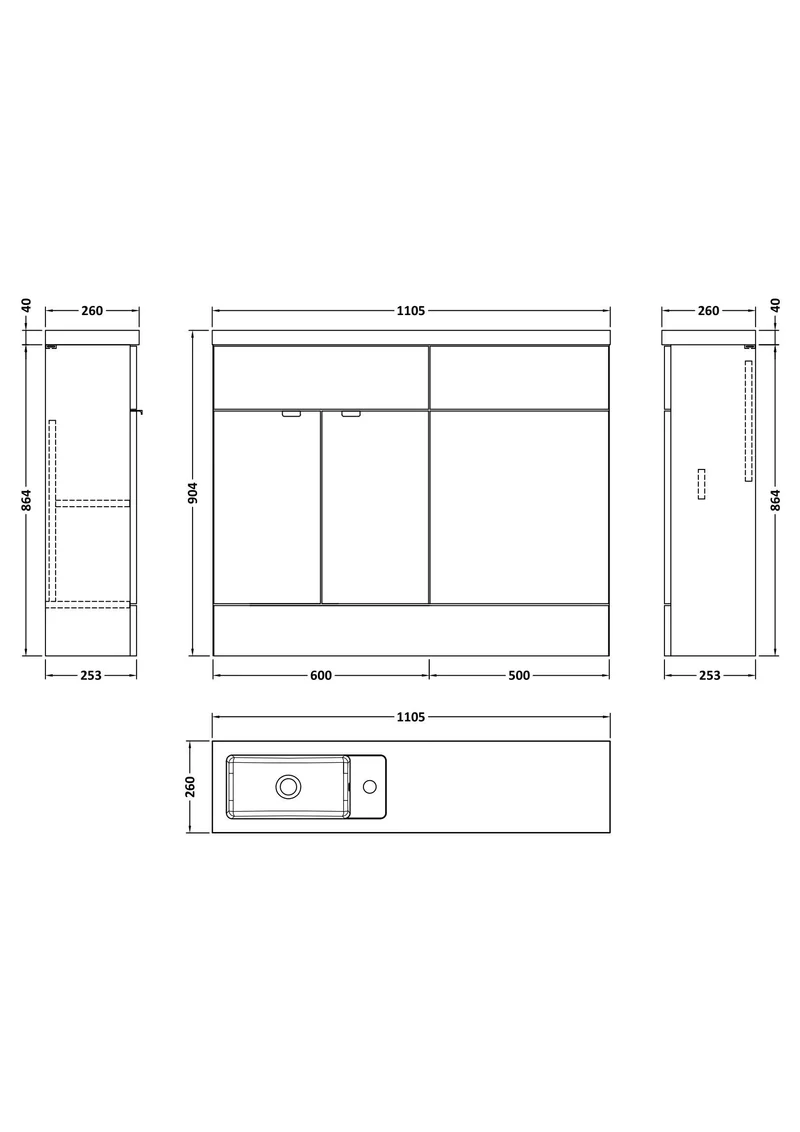 Fusion 1100mm Slimline Floor Standing Basin & WC Combination Unit - Pebble Grey Matt