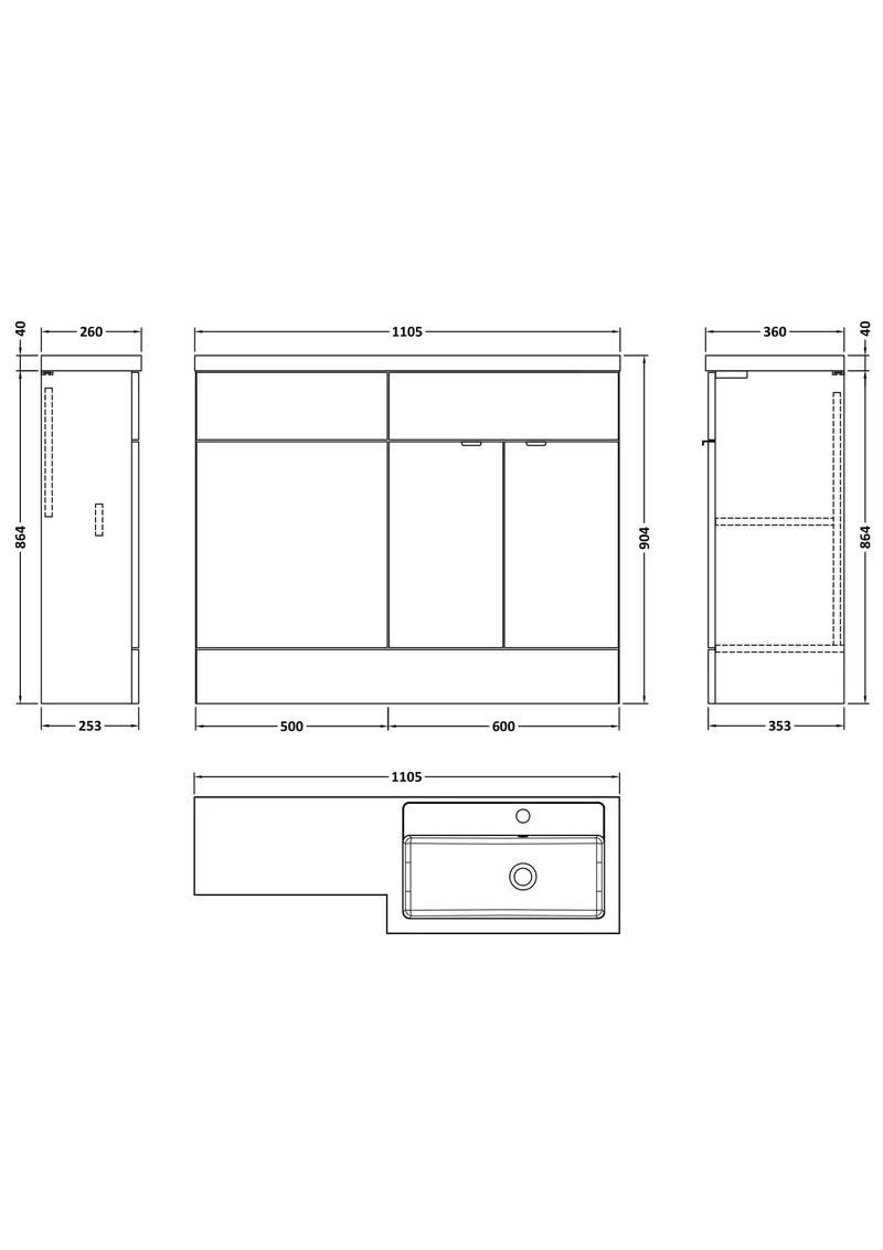 Fusion 1100mm Floor Standing Basin & WC Combination Unit With Right Hand Basin - Pebble Grey Matt