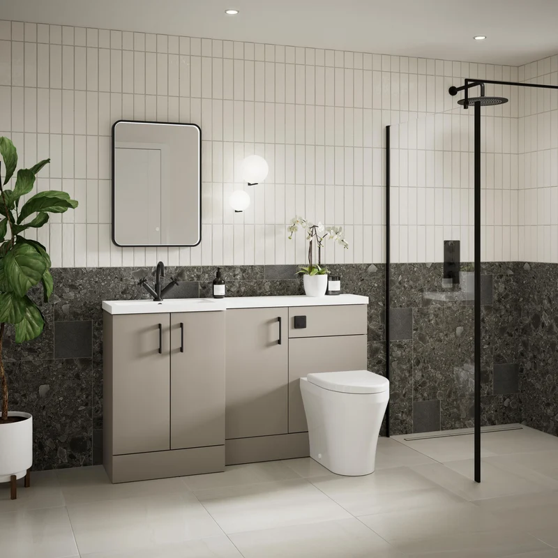 Fusion 1500mm Floor Standing Basin 300mm Cabinet & 600mm WC Combination Unit With Left Hand Basin - Pebble Grey Matt