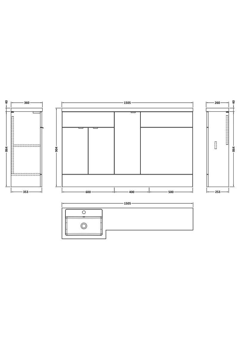 Fusion 1500mm Floor Standing Basin 300mm Cabinet & 600mm WC Combination Unit With Left Hand Basin - Pebble Grey Matt