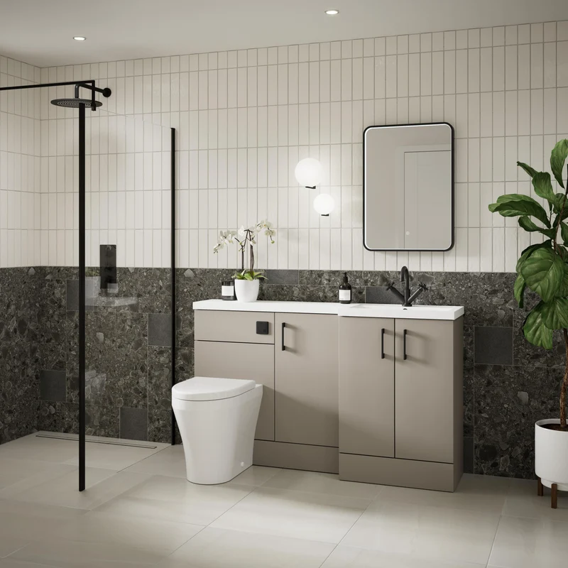 Fusion 1500mm Floor Standing Basin 300mm Cabinet & 600mm WC Combination Unit With Right Hand Basin - Pebble Grey Matt