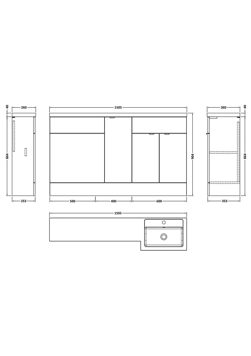 Fusion 1500mm Floor Standing Basin 300mm Cabinet & 600mm WC Combination Unit With Right Hand Basin - Pebble Grey Matt