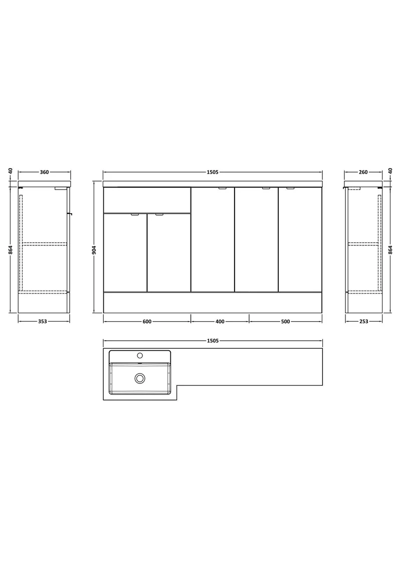 Fusion 1500mm Floor Standing Basin & 3 Door Cabinet Combination Unit With Left Hand Basin - Pebble Grey Matt