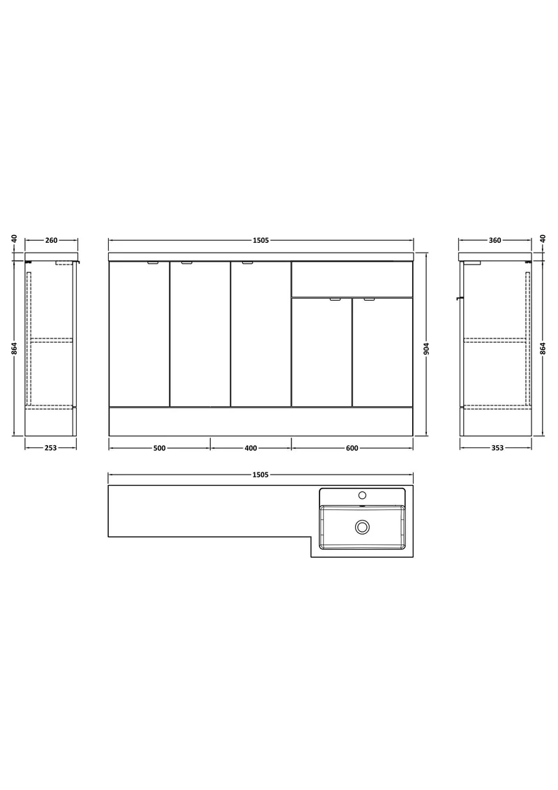 Fusion 1500mm Floor Standing Basin & 3 Door Cabinet Combination Unit With Right Hand Basin - Pebble Grey Matt