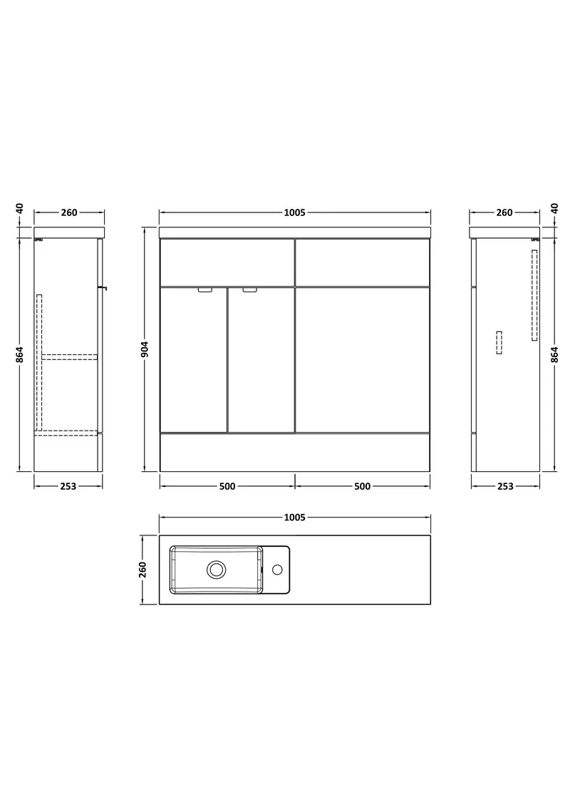 Fusion 1000mm Slimline Floor Standing Basin & WC Combination Unit - Pebble Grey Matt