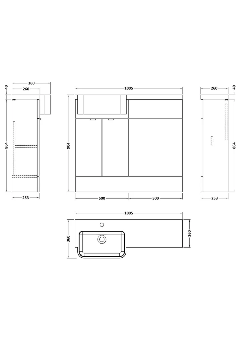 Fusion 1000mm Floor Standing Round Semi-Recessed Basin & WC Combination Unit With Left Hand Basin - Pebble Grey Matt