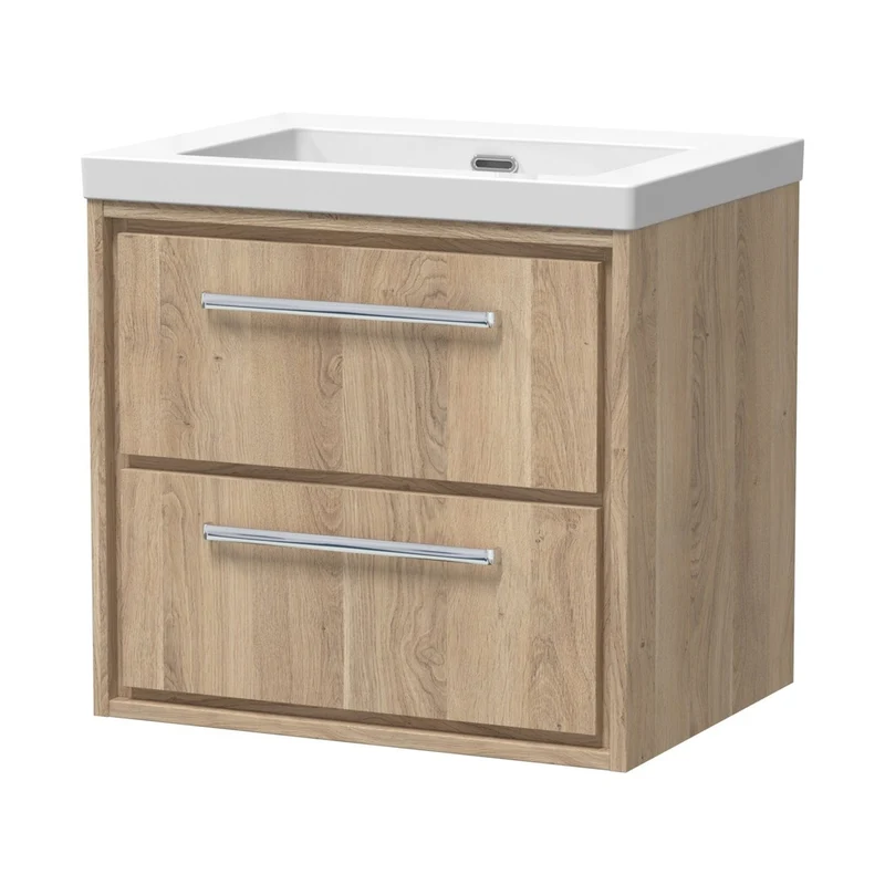 Hudson Reed Lille 600mm Wall Hung 2-drawer Vanity With Basin - 0 Tap Hole Contemp Bleached Oak Fireclay,MFC Textured Woodgrain 584x613x462mm