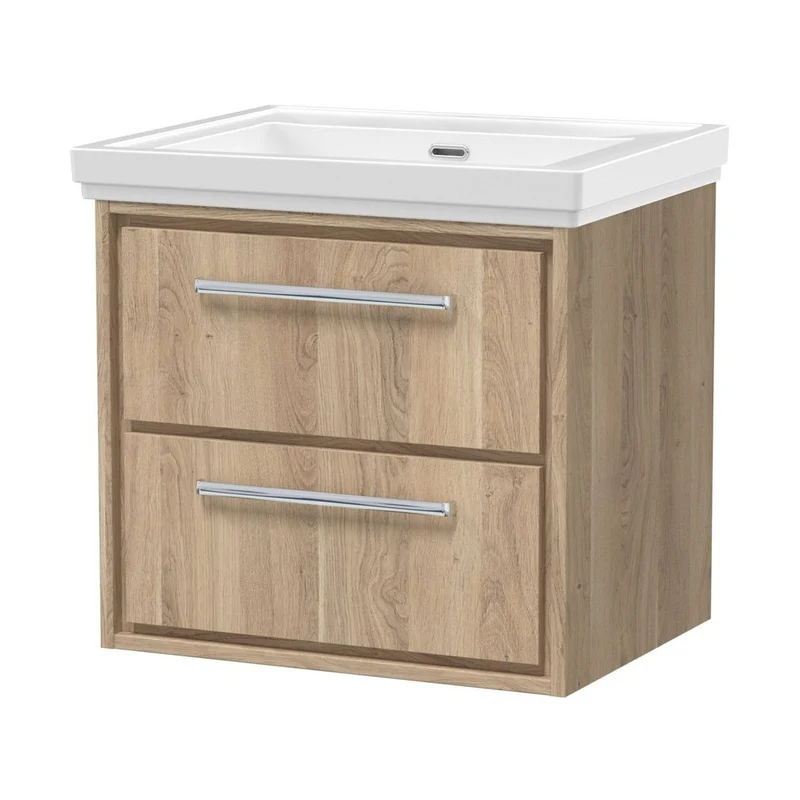 Hudson Reed Lille 600mm Wall Hung 2-drawer Vanity With Basin - 0 Tap Hole Contemp Bleached Oak Fireclay,MFC Textured Woodgrain 605x630x471mm