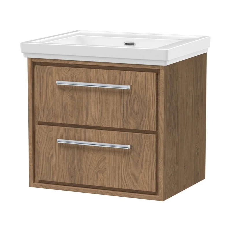 Hudson Reed Lille 600mm Wall Hung 2-drawer Vanity With Basin - 0 Tap Hole Contemp Antique Oak Fireclay,MFC Textured Woodgrain 605x630x471mm