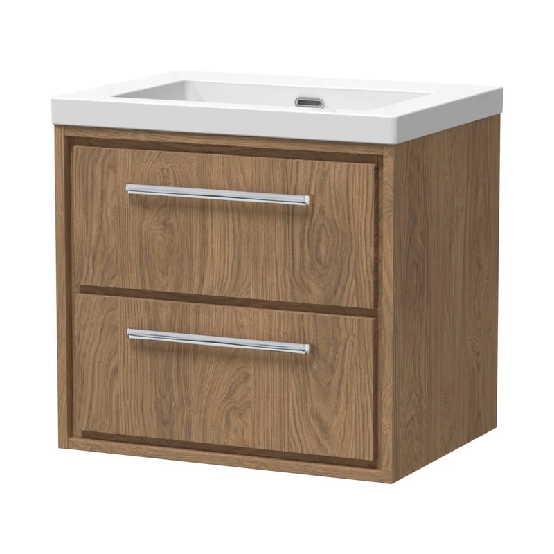 Hudson Reed Lille 600mm Wall Hung 2-drawer Vanity With Basin - 0 Tap Hole Contemp Antique Oak Fireclay,MFC Textured Woodgrain 584x613x462mm