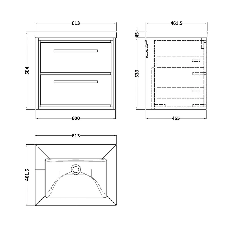 Hudson Reed Lille 600mm Wall Hung 2-drawer Vanity With Basin - 0 Tap Hole Contemp Antique Oak Fireclay,MFC Textured Woodgrain 584x613x462mm