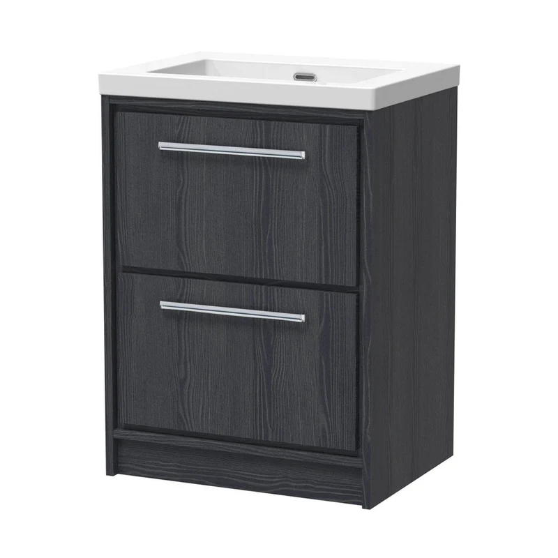 Hudson Reed Lille 600mm Floor Standing 2-drawer Vanity With Basin - 0 Tap Hole Contemp Graphite Grey Woodgrain Fireclay,MFC Textured Woodgrain 845x613x462mm