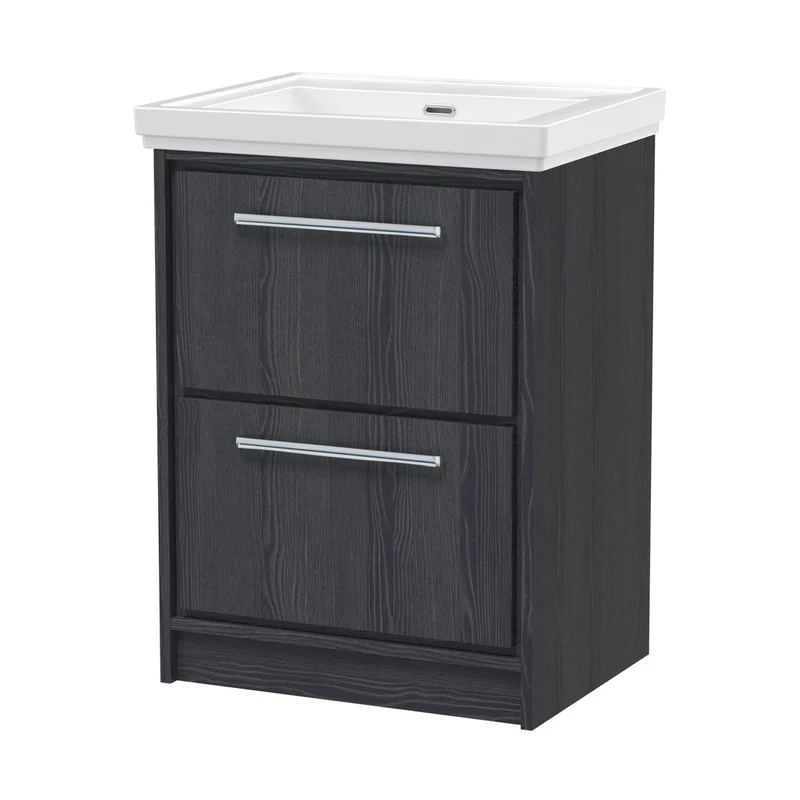 Hudson Reed Lille 600mm Floor Standing 2-drawer Vanity With Basin - 0 Tap Hole Contemp Graphite Grey Woodgrain Fireclay,MFC Textured Woodgrain 866x630x471mm