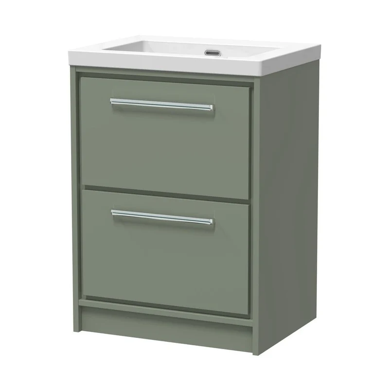 Hudson Reed Lille 600mm Floor Standing 2-drawer Vanity With Basin - 0 Tap Hole Contemp Fern Green Fireclay,MFC Smooth Matt 845x613x462mm