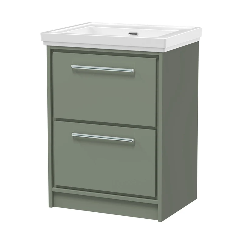 Hudson Reed Lille 600mm Floor Standing 2-drawer Vanity With Basin - 0 Tap Hole Contemp Fern Green Fireclay,MFC Smooth Matt 866x630x471mm