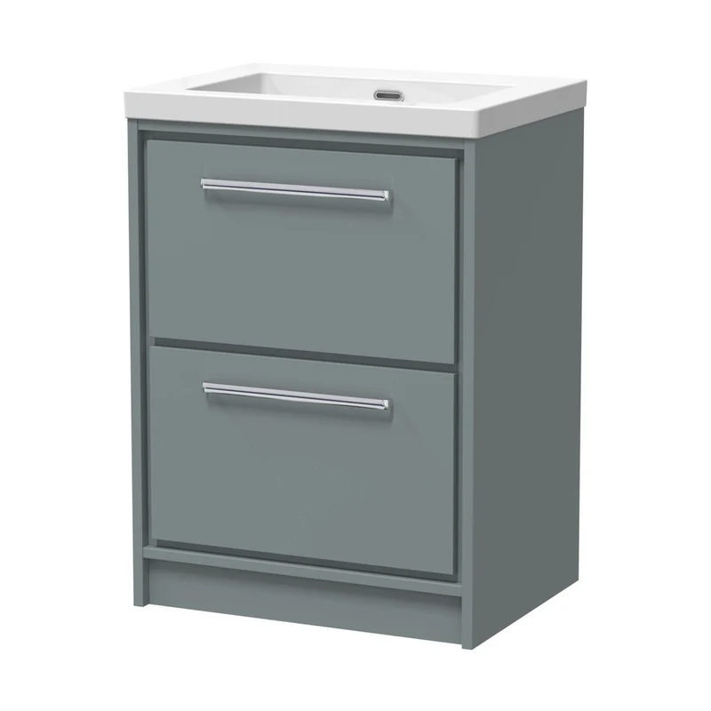 Hudson Reed Lille 600mm Floor Standing 2-drawer Vanity With Basin - 0 Tap Hole Contemp Coastal Grey Fireclay,MFC Smooth Matt 845x613x462mm