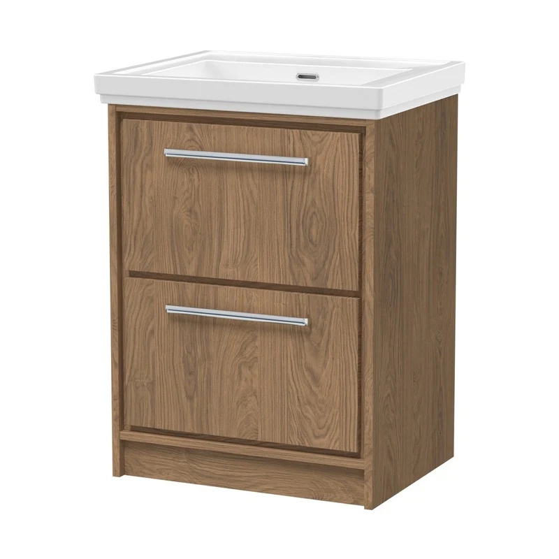Hudson Reed Lille 600mm Floor Standing 2-drawer Vanity With Basin - 0 Tap Hole Contemp Antique Oak Fireclay,MFC Textured Woodgrain 866x630x471mm