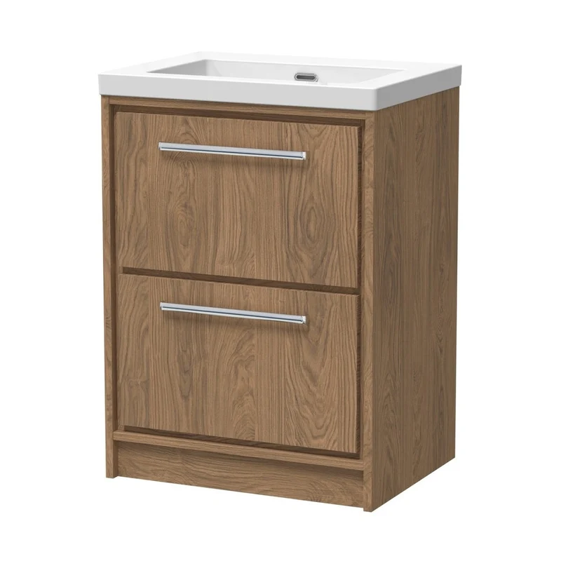 Hudson Reed Lille 600mm Floor Standing 2-drawer Vanity With Basin - 0 Tap Hole Contemp Antique Oak Fireclay,MFC Textured Woodgrain 845x613x462mm