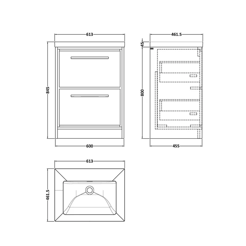Hudson Reed Lille 600mm Floor Standing 2-drawer Vanity With Basin - 0 Tap Hole Contemp Antique Oak Fireclay,MFC Textured Woodgrain 845x613x462mm