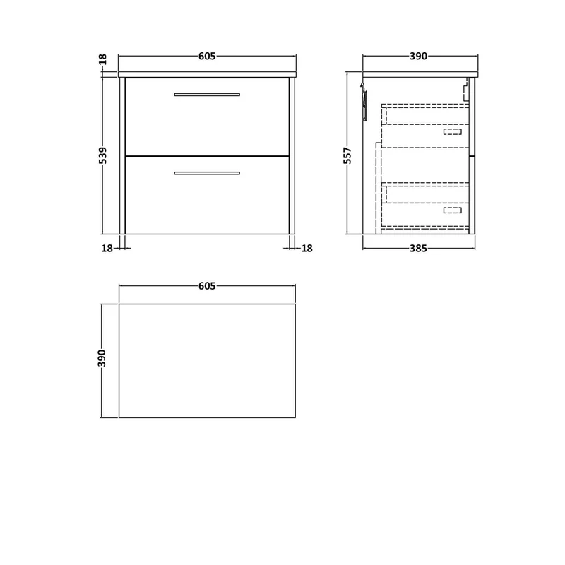 Hudson Reed Juno 600mm Wall Hung 2 Drawer Vanity & Worktop Contemp Metallic Slate MFC Textured Matt 557x605x390mm