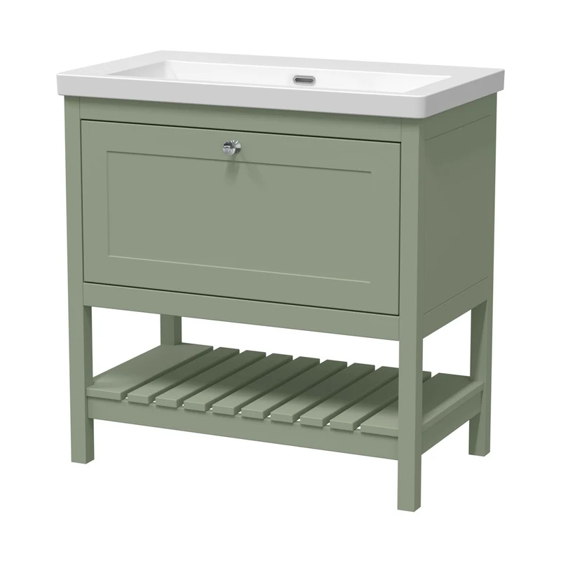 Hudson Reed Bexley 800mm Floor Standing Drawer Contemp Basin 0th Trad Fern Green Fireclay,MDF Vinyl Smooth Matt 845x813x462mm