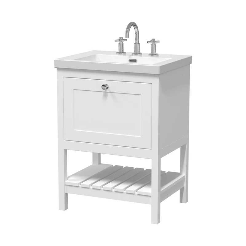 Hudson Reed Bexley 600mm Floor Standing Vanity & Basin 3th Trad Pure White Fireclay,MDF Vinyl Smooth Matt 845x613x462mm