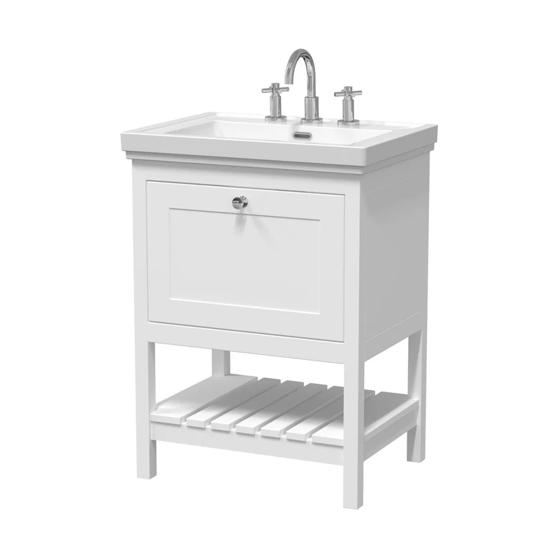 Hudson Reed Bexley 600mm Floor Standing Vanity & Basin 3th Trad Pure White Fireclay,MDF Vinyl Smooth Matt 865x630x471mm