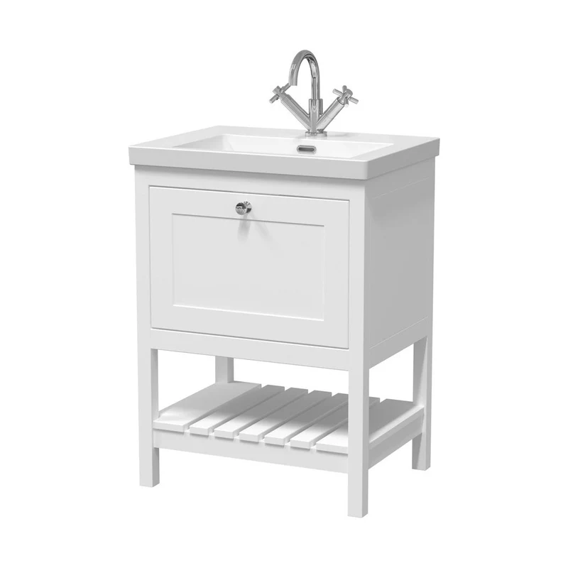 Hudson Reed Bexley 600mm Floor Standing Vanity & Basin 1th Trad Pure White Fireclay,MDF Vinyl Smooth Matt 845x613x462mm