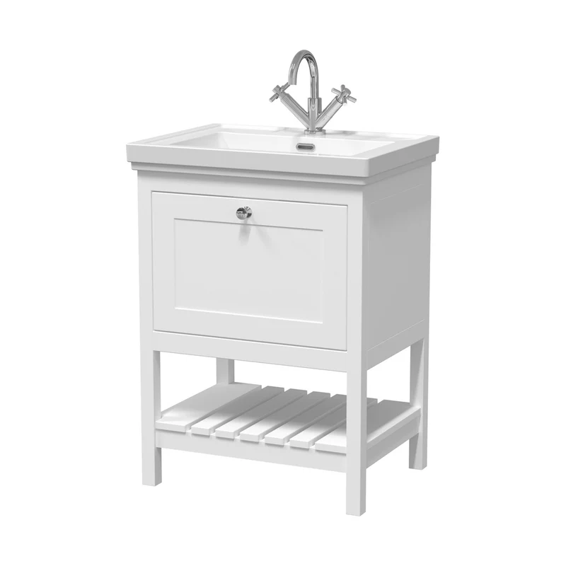 Hudson Reed Bexley 600mm Floor Standing Vanity & Basin 1th Trad Pure White Fireclay,MDF Vinyl Smooth Matt 865x630x471mm