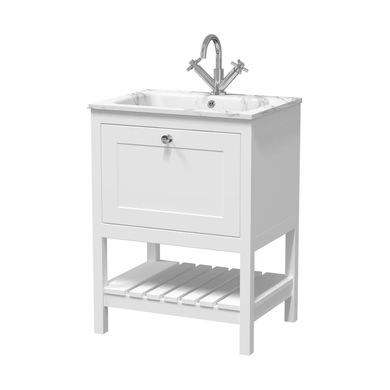 Hudson Reed Bexley 600mm Floor Standing Drawer & Stone Basin 1th Trad Pure White MDF Vinyl Smooth Matt,stone 816x610x460mm - BEX125Q