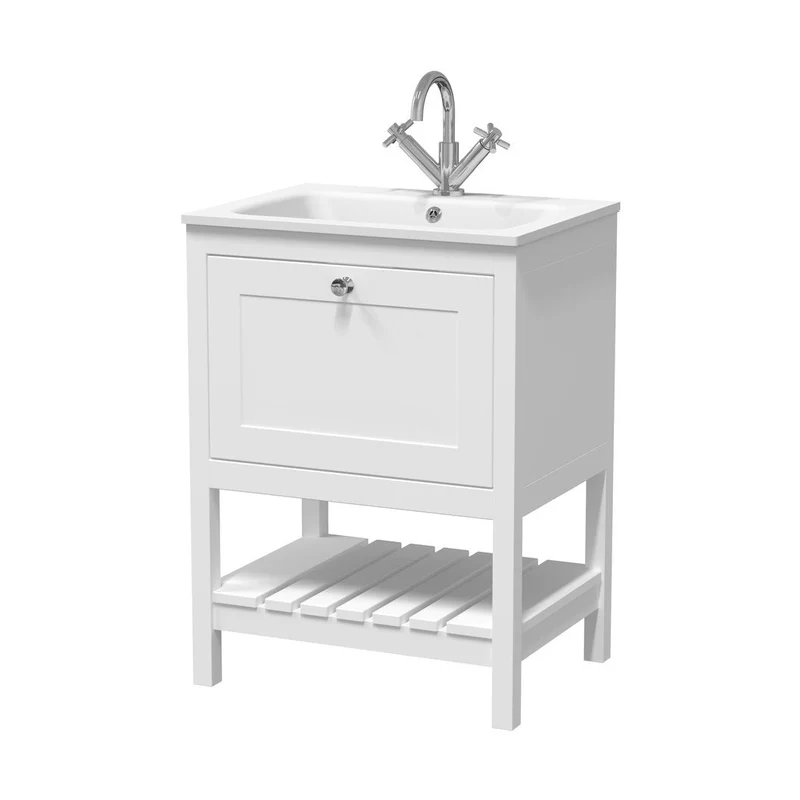 Hudson Reed Bexley 600mm Floor Standing Drawer & Stone Basin 1th Trad Pure White MDF Vinyl Smooth Matt,stone 816x610x460mm - BEX125P