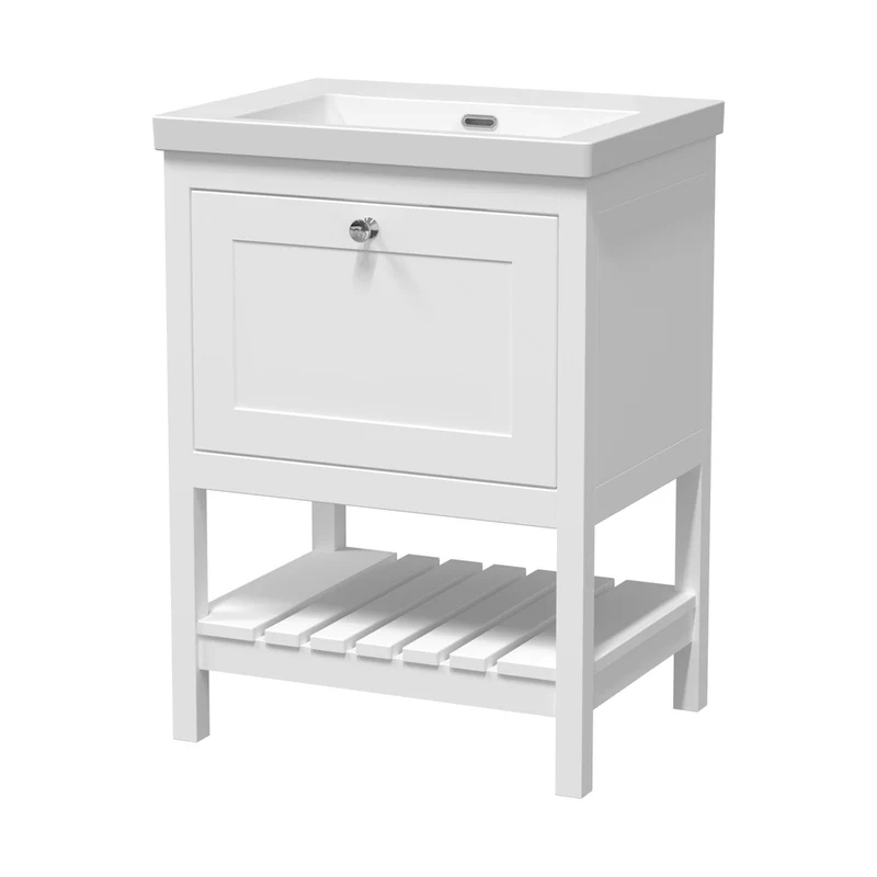 Hudson Reed Bexley 600mm Floor Standing Drawer Contemp Basin 0th Trad Pure White Fireclay,MDF Vinyl Smooth Matt 845x613x462mm