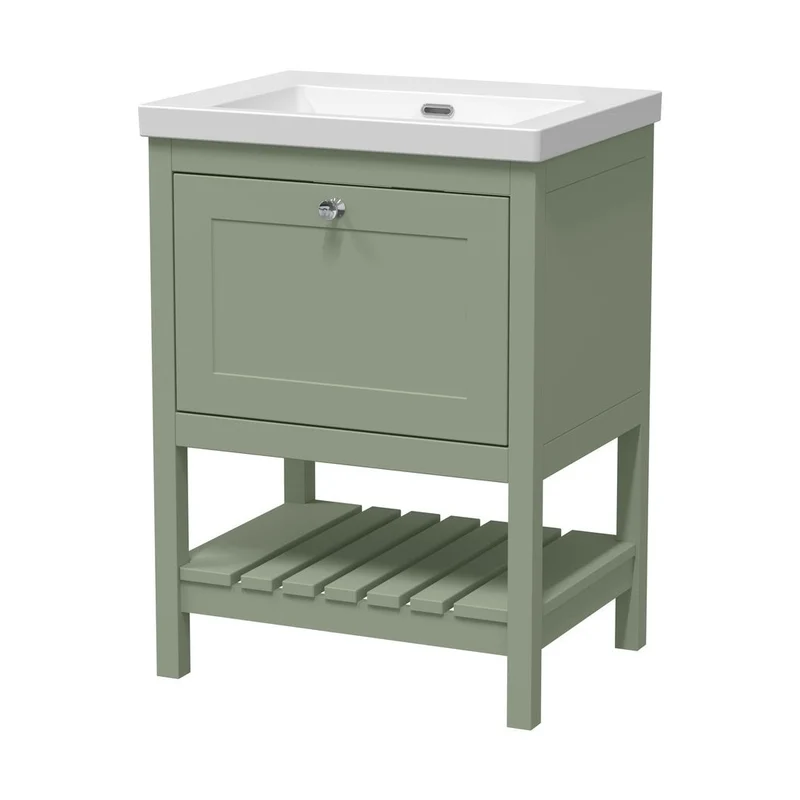 Hudson Reed Bexley 600mm Floor Standing Drawer Contemp Basin 0th Trad Fern Green Fireclay,MDF Vinyl Smooth Matt 845x613x462mm
