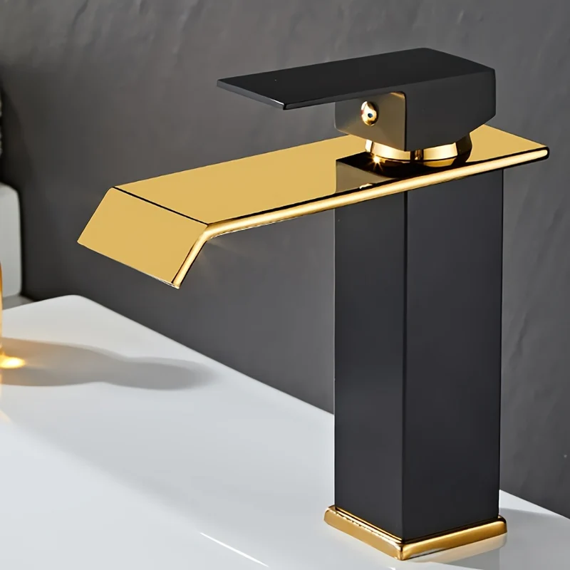 Mitigeur de lavabo cascade carré, noir, noir et or ou blanc et or