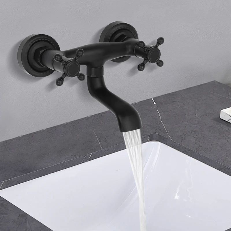 Robinet de lavabo mural rétro noir à croisillons