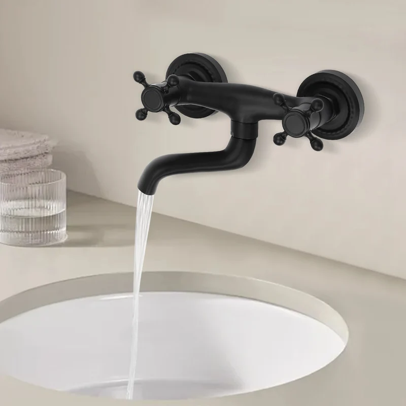 Robinet de lavabo mural rétro noir à croisillons