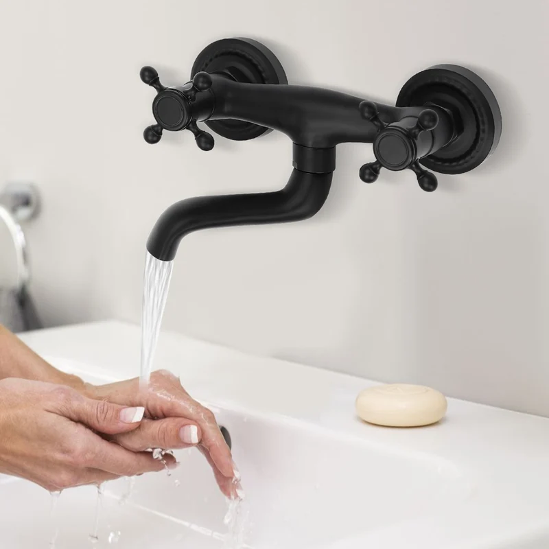 Robinet de lavabo mural rétro noir à croisillons