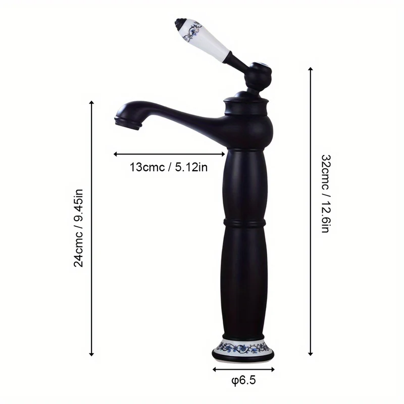 Mitigeur de vasque haut rétro noir à poignée porcelaine