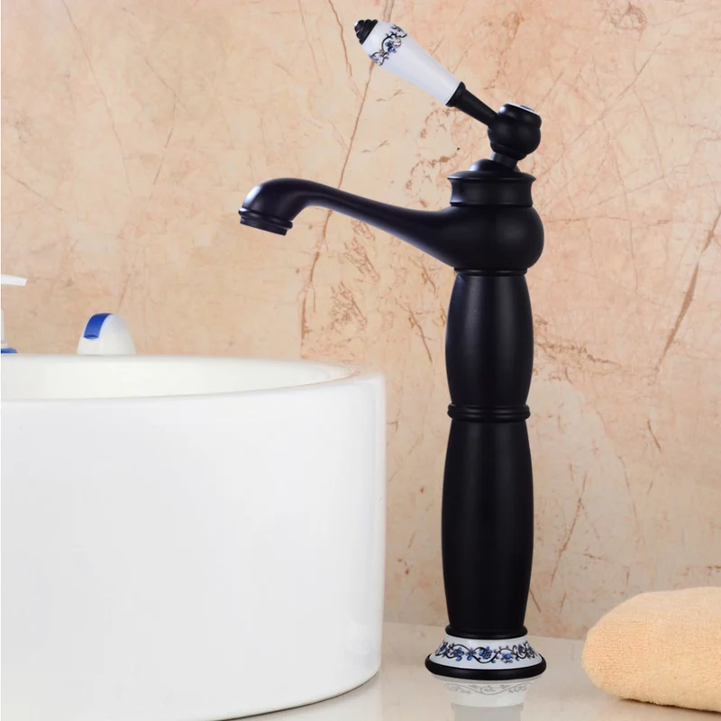 Mitigeur de vasque haut rétro noir à poignée porcelaine