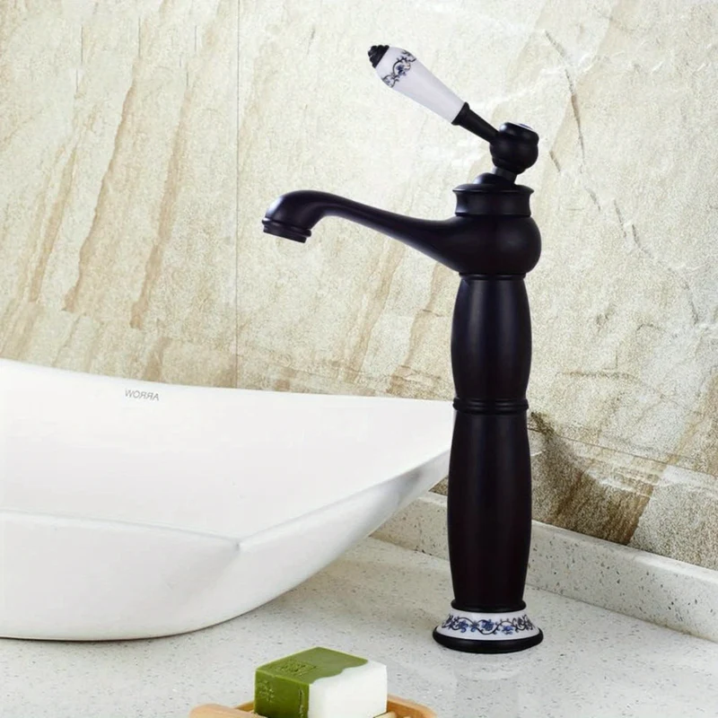 Mitigeur de vasque haut rétro noir à poignée porcelaine