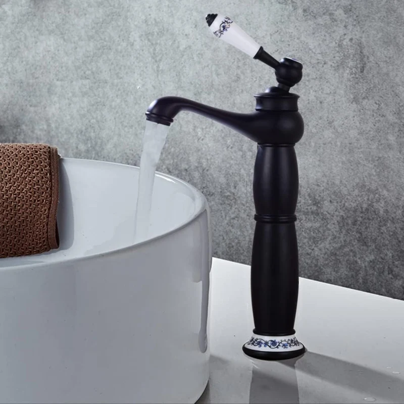 Mitigeur de vasque haut rétro noir à poignée porcelaine