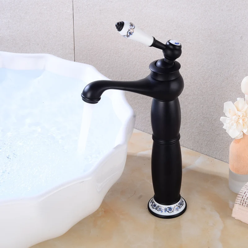 Mitigeur de vasque haut rétro noir à poignée porcelaine