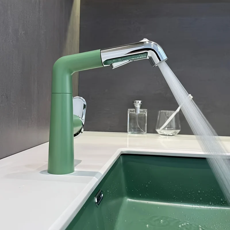 Mitigeur de lavabo vert et chrome à bec extractible