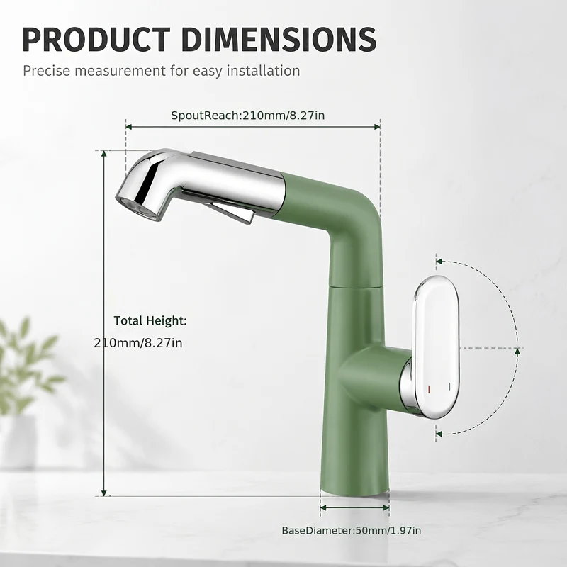 Mitigeur de lavabo vert et chrome à bec extractible