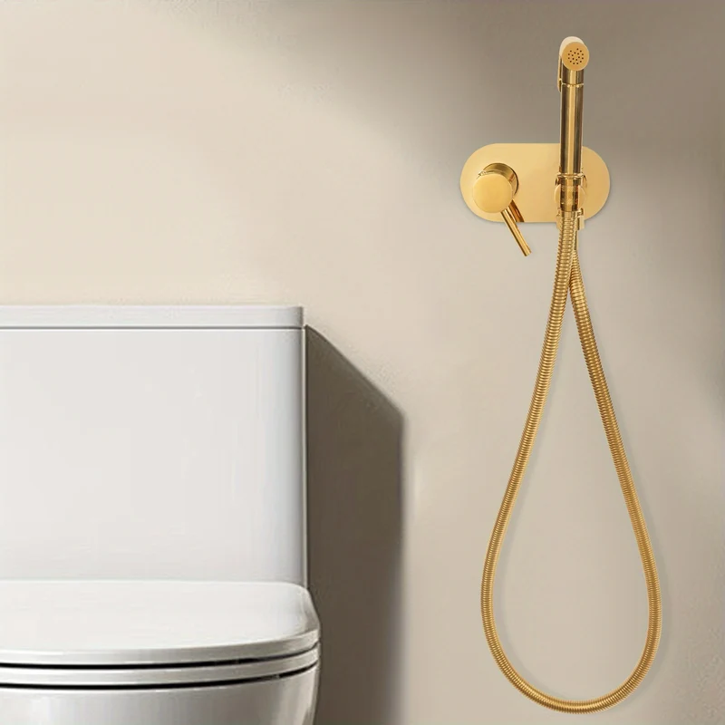 Douchette hygiénique WC dorée avec mitigeur mural encastré
