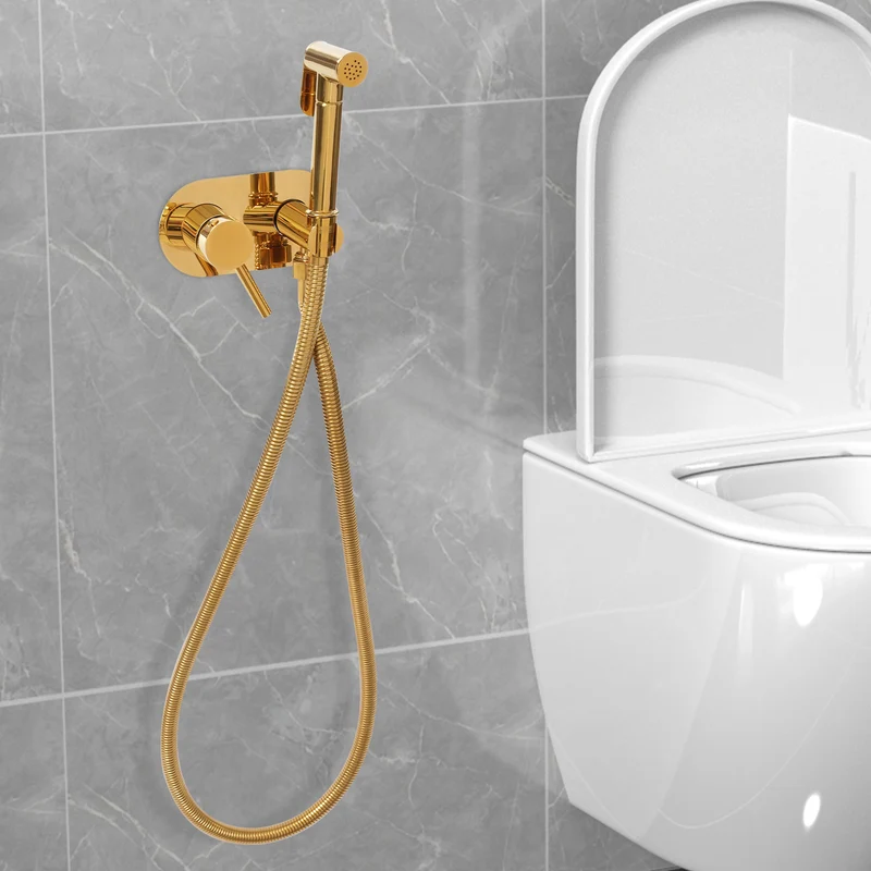 Douchette hygiénique WC dorée avec mitigeur mural encastré