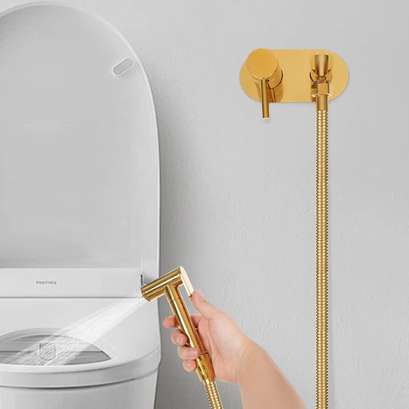 Douchette hygiénique WC dorée avec mitigeur mural encastré