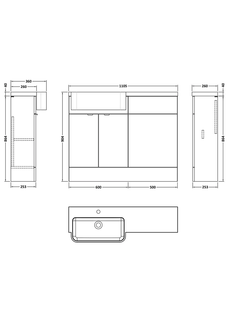 Fusion 1100mm Floor Standing Round Semi-Recessed Basin & WC Combination Unit With Left Hand Basin - Pebble Grey Matt