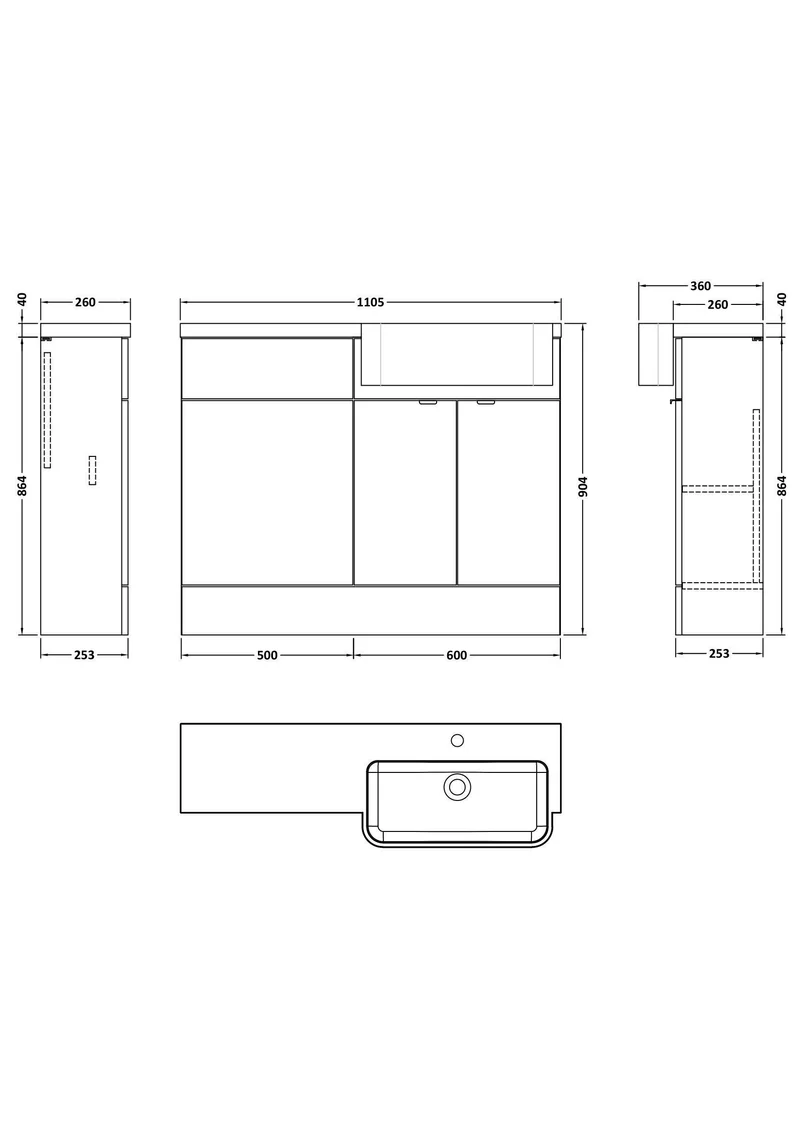 Fusion 1100mm Floor Standing Round Semi-Recessed Basin & WC Combination Unit With Right Hand Basin - Pebble Grey Matt