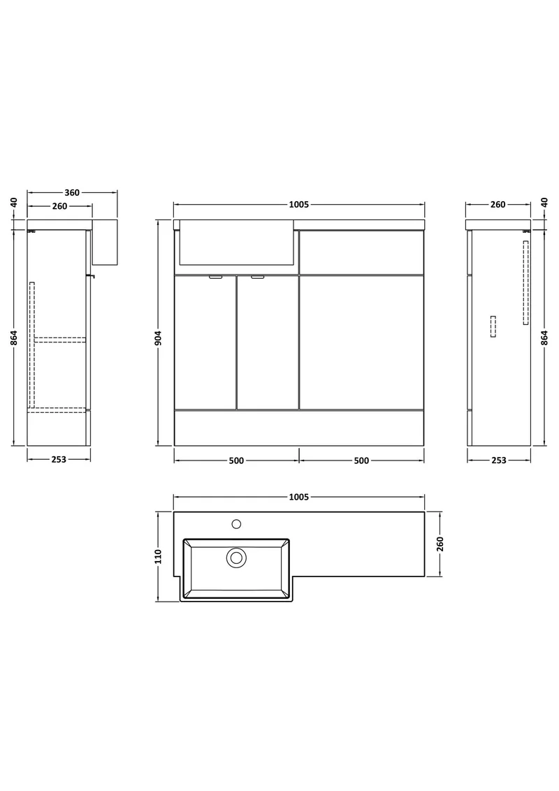Fusion 1000mm Floor Standing Square Semi-Recessed Basin & WC Combination Unit With Left Hand Basin - Pebble Grey Matt